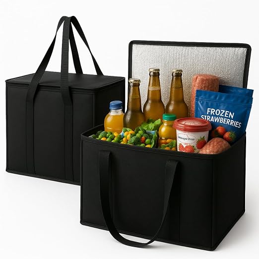 2-Pack, XL-Large Insulated Grocery Shopping Bags, Black, Reusable Bag | Thermal Zipper,Collapsible,Tote,Cooler Bag,Transport hot and Cold,Camping groceries Insulated Food Delivery Bag
