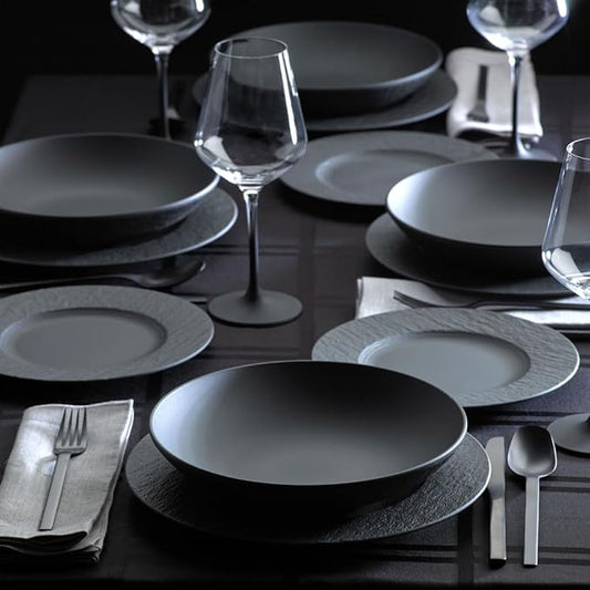 Villeroy & Boch Manufacture Rock 12-Piece Dinnerware Set, Service for 4, Dinner Plates, Salad Plates & Pasta Bowls, Premium Porcelain, Made in Germany, Matte Black