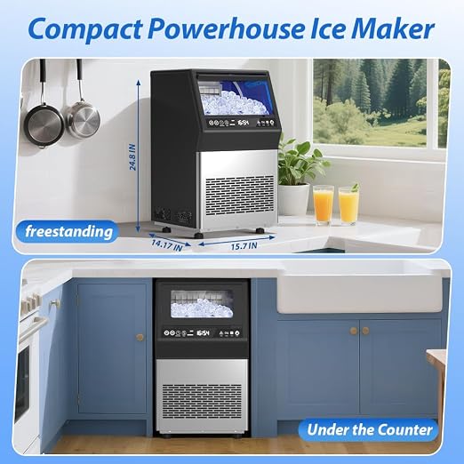 Commercial Ice Maker, 100LBS/24H Freestanding Ice Machine with Self-Priming Gallon Water& Facuet Water Inlet, Self-Cleaning, 3 Ice Thickness,16LBs Storage Bin for Home, Office,Garage, Bar, Restraunt