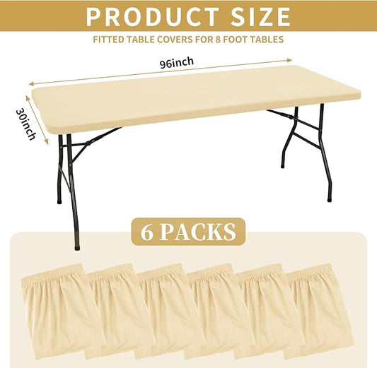 6 Pack Stretch Fabric Table Top Cap Cover, fits 8' Tables, Spandex Table Covers Washable Elastic Rectangle Tablecloth Protector for Indoor Outdoor Party Picnic Wedding, Beige, 30" W x 96" L