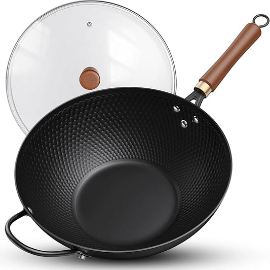 Nonstick Wok, 13-Inch Carbon Steel Wok Pan with Glass Cover, Woks & Stir-Fry Pans for Induction, Electric, Gas, Halogen, All Stoves