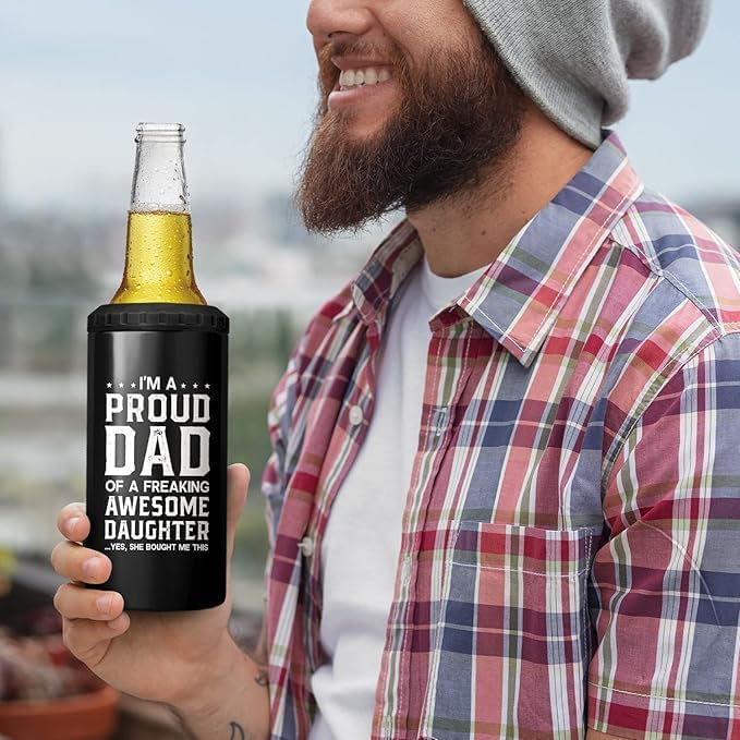 SANDJEST 4-in-1 Dad Tumbler Gifts for Dad from Daughter - 12oz Funny Proud Dad Can Cooler Tumblers Cup - Stainless Steel Insulated Cans Coozie Travel Mug Christmas, Birthday, Father's Day Gift
