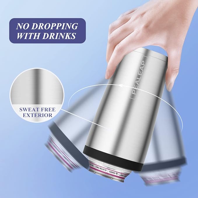 Pealeap 4-in-1 Insulated Slim Can Cooler for All 12oz Cans & Beer Bottles | Double-walled Stainless Steel Vacuum Can Cozy | Keep 8Hrs Cold | Universal Fits 12oz Drinks | No Sweat | Cup Holder Friendly
