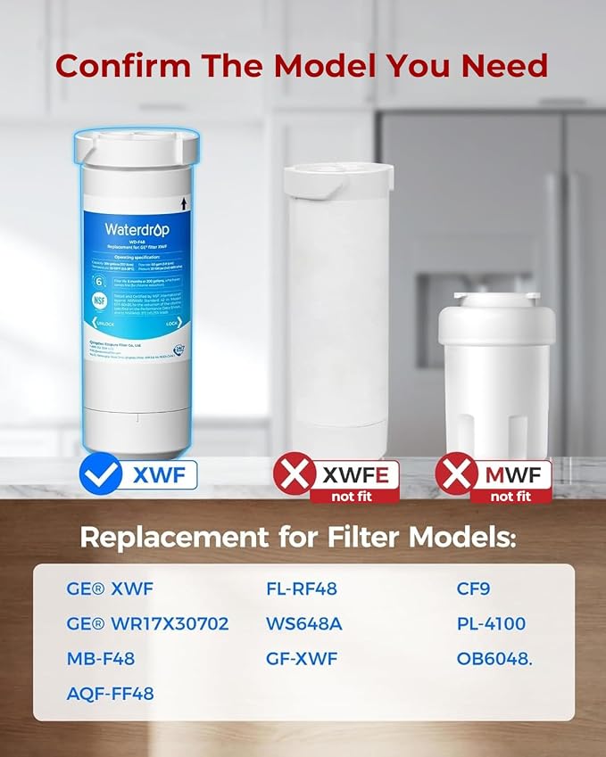 Waterdrop XWF Water Filter Replacement for GE® WR17X30702, 3 Pack, No chip | Replacement for GE® XWF, NSF 42 & 372 Certified, Compatible with GE® GNE27, GFE26, GDE25, GSS25, PSE25 Series Refrigerators