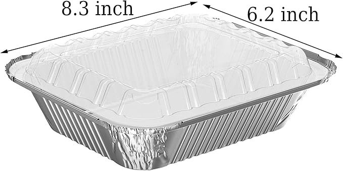 WANBAO 50 PACK 8.3"x6.2" Disposable Tin Foil Pans with Plastic Lids 2.25LB Aluminum Foil Food Containers for Cooking, Baking, Catering Party Meal Prep, Take Out, Freeze, Food Storage