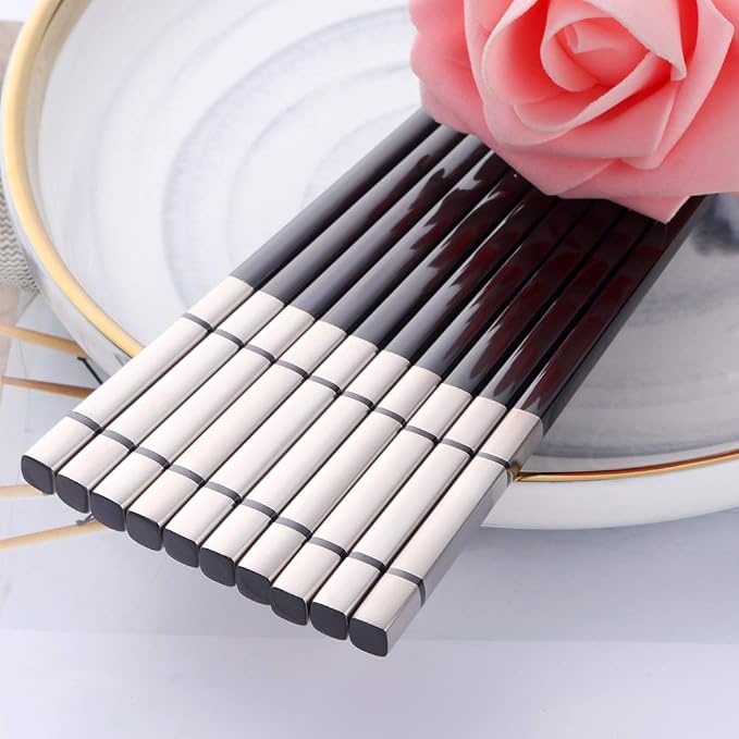 Buyer Star 5-Pair Black Stainless Steel Chopsticks - Metal Reusable Chinese Square Chopsticks