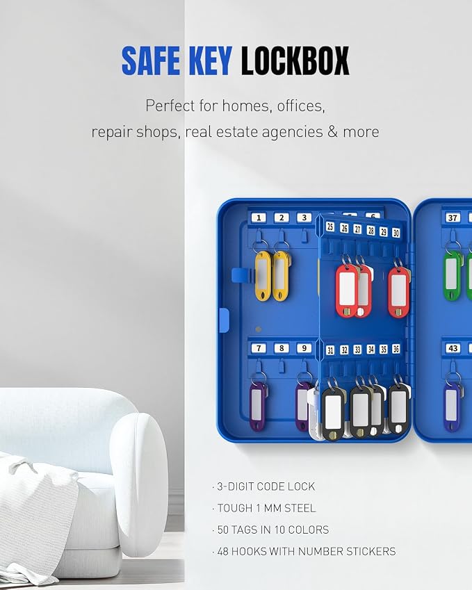 Uniclife 48 Keys Lock Box for Keys with Code, Wall Mount Key Lock Box with Code, Lockbox for Keys, Key Lockbox with Tags, Key Cabinet, Key Storage Box for Home Office & Company, Blue
