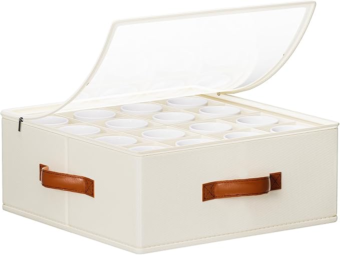 Foyego Cup and Mug Storage Box, Beige | 16 Adjustable Dividers, Hard Shell, with Transparent Lid, 3 Handles, Zippers, Stackable Storage Organizers for Packing&Moving