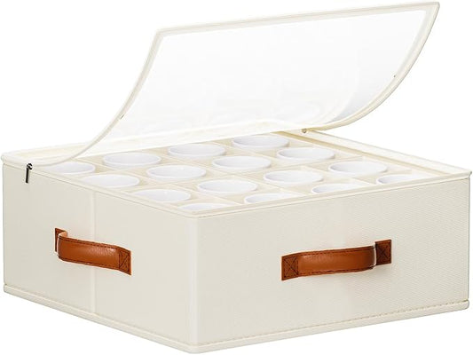 Foyego Cup and Mug Storage Box, Beige | 16 Adjustable Dividers, Hard Shell, with Transparent Lid, 3 Handles, Zippers, Stackable Storage Organizers for Packing&Moving