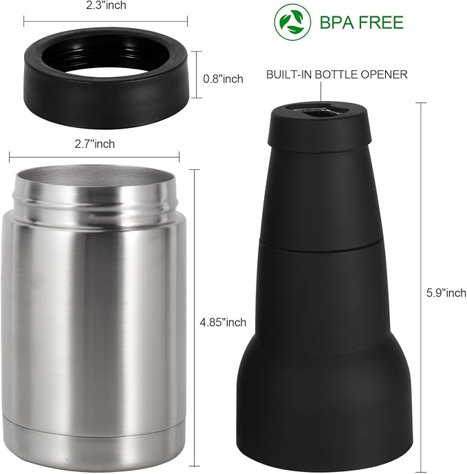 12oz Universal Beer Bottle Holder Double Walled SS Beer Can Cooler | 3 in 1 Can Koozie with Beer Opener Vacuum Insulated - fit Fishing, Camping Outdoor Activities and Nice Gift for Men(Silver)