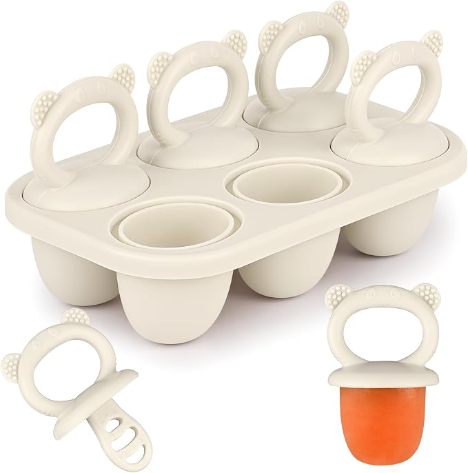 Sakolla Baby Popsicle Molds Mini 6-Cavity Silicone Ice Pop Mold with Sticks Breastmilk Popsicle Molds for Teething Relief Toddler Popsicle Mold for Ice Cream Frozen Yogurt and Fruit Juice (Beige‌)