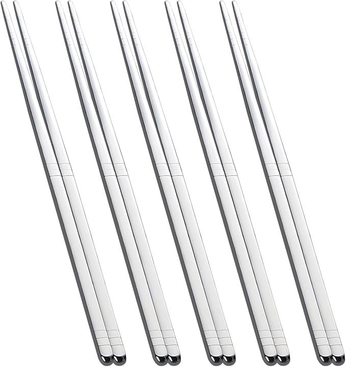 Stainless Steel Chopsticks Set, 5 Pairs, Square Non-Roll, Non-Slip Tips | Length 8.86 in each, Mirror polished silver finish, For noodles dumplings sushi rice hot pot, No case or stand