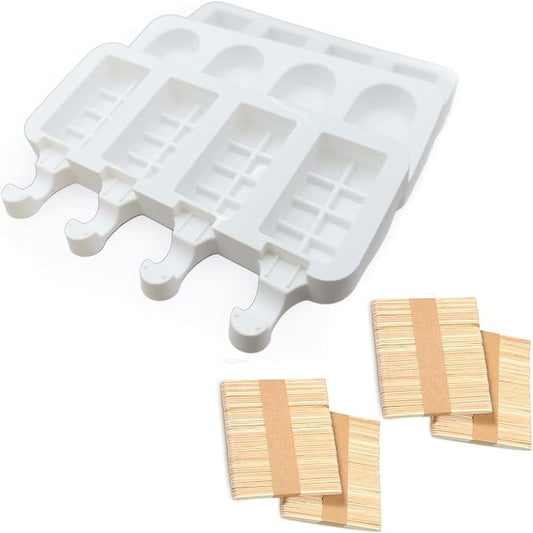 Popsicle Molds Set, 3 Silicone Ice Cream Bar Molds with 200 Wooden Sticks, Frozen Treats Molds Reusable, Non-stick, Easy to Use, Summer Treats, Kid Party, DIY Snacks