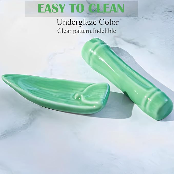 Porcelain Chopsticks, Green Bamboo,2 Pairs with Ceramic Holder | Reusable, Delicate Box,Dishwasher Safe, Chinese Japanese Korean Classic Stylish