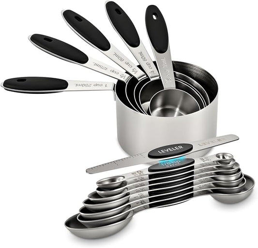 XSNBRD Magnetic Measuring Cups and Spoons Set, 13-Piece | Stainless steel with silicone handles. Magnetic nesting for compact storage. Ideal for baking and cooking.（Black）