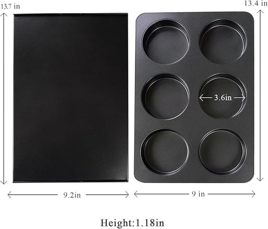 6 Cup Straight Side Jumbo English Muffin Cupcake Pan with Lid Hamburger Burger Bun Egg Sandwich Frittata Cinnamon Roll Focaccia Quiche Pancake Nonstick Baking Tin Tray Mold
