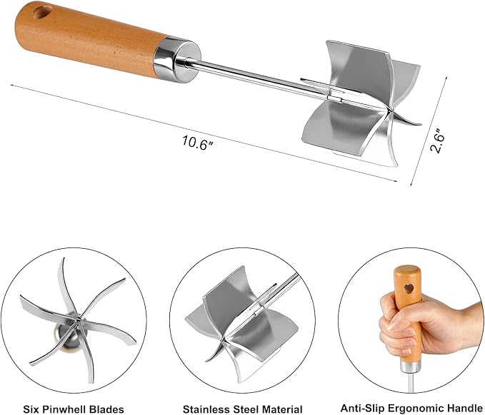 Stainless steel Meat Chopper, 6 Curve Blades Ground Beef Smasher,Potato Masher Utensil,Heat-Resistant Hamburger Meat Smasher,Heavy Duty Wooden Handle