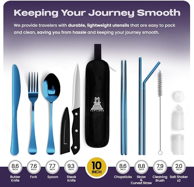 Taplord Portable Travel Silverware Set With Case, Includes 10 Pcs of Travel Utensils With Case, Stainless Steel Flatware Set For Camping, Lightweight (Blue)