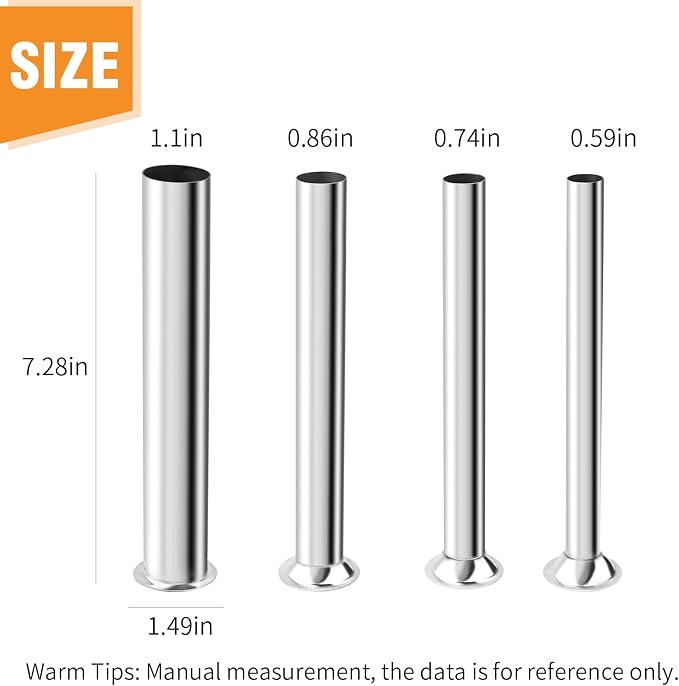 Hoypeyfiy 4Pcs Stainless Steel Sausage Stuffing Tubes, 4 Sizes Meat Stuffer Funnels Replacement for LEM 606 606SS 1606 1606SS, Fits 5 lb Sausage Stuffer with 1 9/16 Inch Base