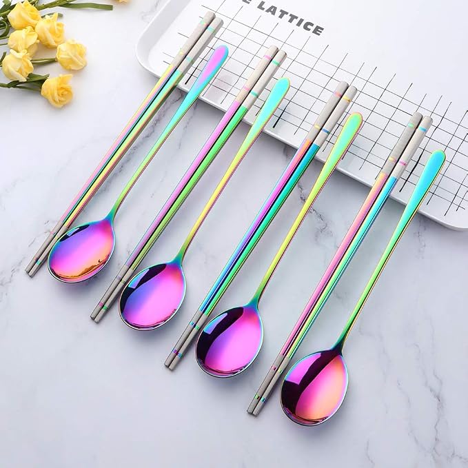 Buyer Star 4 Set Rainbow Square Chopsticks and Spoons Set Metal Stainless Steel Spoons Chopsticks Set