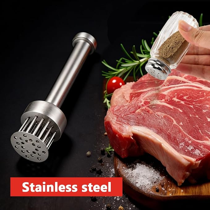 Stainless Steel Meat Tenderizer Tool, 21 Sharp Needles for Steak, Beef | Chicken Meat Tenderizer with Cleaning Brush and Seasoning Jars, Tenderizing for Chicken, Pork, Barbecue, Marinating Prep Tool