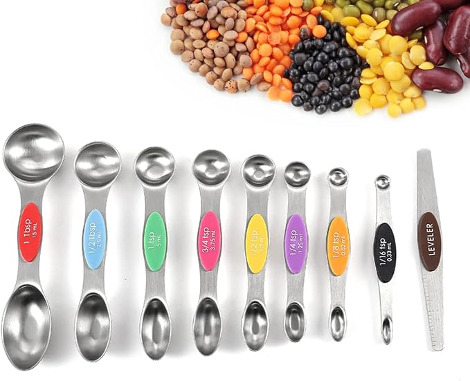 19-Piece Magnetic Measuring Cups and Spoons Set with Lid | BPA-free, dishwasher safe kitchen gadgets. Includes 1 lid, 9 nested cups & 9 magnetic spoons for liquid or dry food.