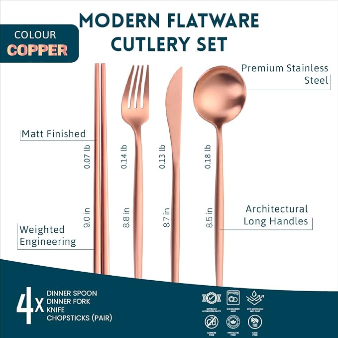 Matte Copper Flatwqare Set Korean Chopsticks - 16-piece KiiZYs Kitchen Utensil Set Stainless Steel Silverware - Modern Dinnerware Spoon Fork Knife Cutlery Housewarming Gift Box (Matte Copper, 4 Sets)