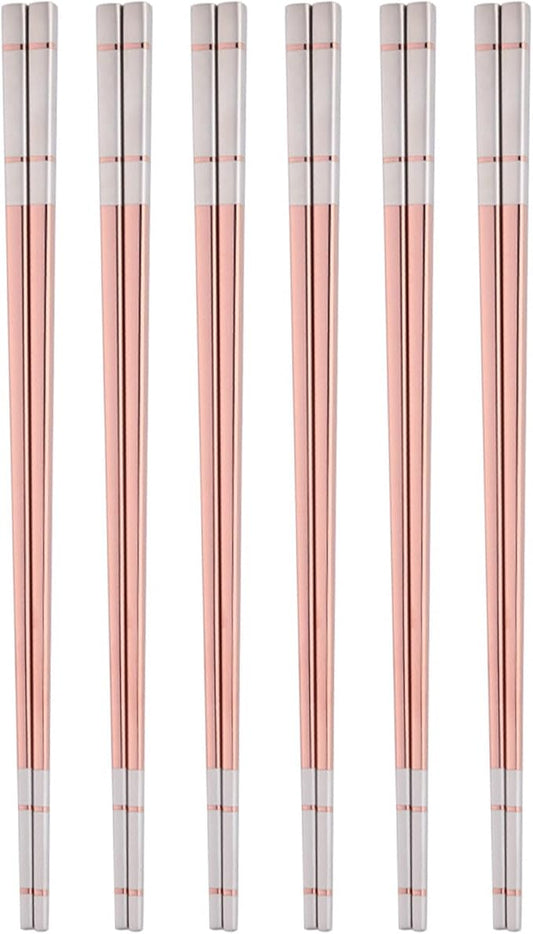 Reusable Stainless Steel Chopsticks,Dishwasher Safe , Easy to Use(6 PCS,Rose gold)