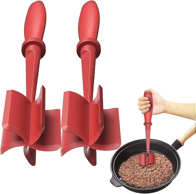 2Pack Meat Chopper Hamburger Masher Ground Beef Smasher Utensil Mix Tool | Upgrade Heat Resistant Meat Masher, Nylon Potato Mashers Beef Smasher, Dishwasher Safe Non Stick Mix & Chop Tool Gift-Red