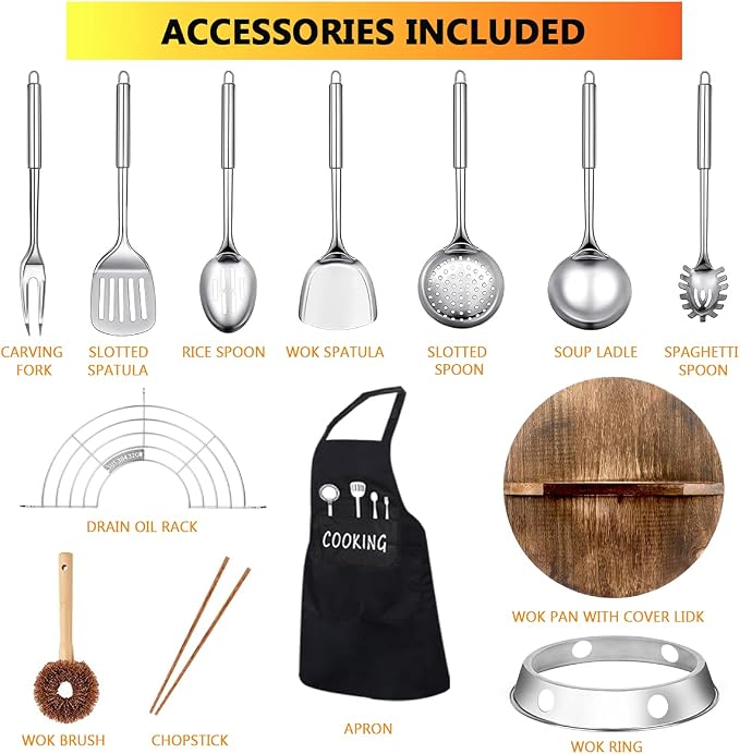 14 Piece Carbon Steel Wok Pan, Woks & Stir-Fry Pans Set with Wooden Lid Cookwares, No Chemical Coated Flat Bottom Chinese Pan for Induction, Electric, Gas, Halogen All Stoves - 12.6''