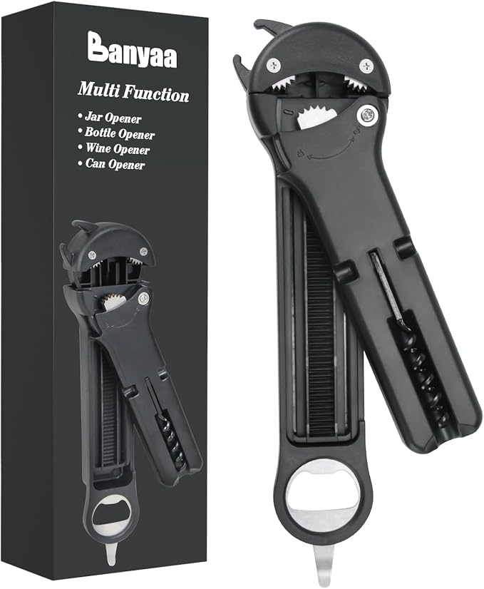 Jar Opener for Seniors with Arthritis, 7 in 1 Bottle Opener and Wine Corkscrew, Easy Grip Kitchen Gadget for Weak Hands Elderly, Retractable Jaw Lid Opener with Magnetic Storage (Black)