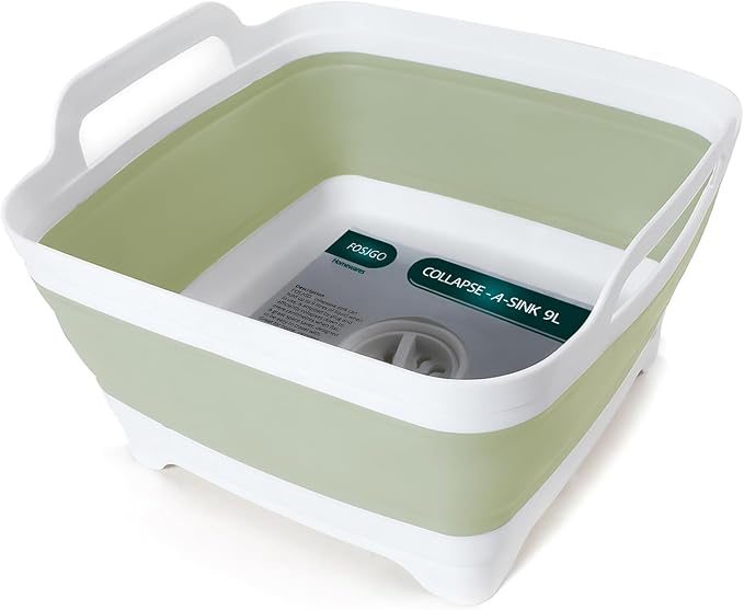 FOSJGO Collapsible Dish Basin with Drain Plug, Foldable Sink, 2.4 Gal (9L) | Space-Saving Wash Basin for Kitchen, Baby Bottles, Vegetable Washing, Camping, RV and Party Beverage Tubs