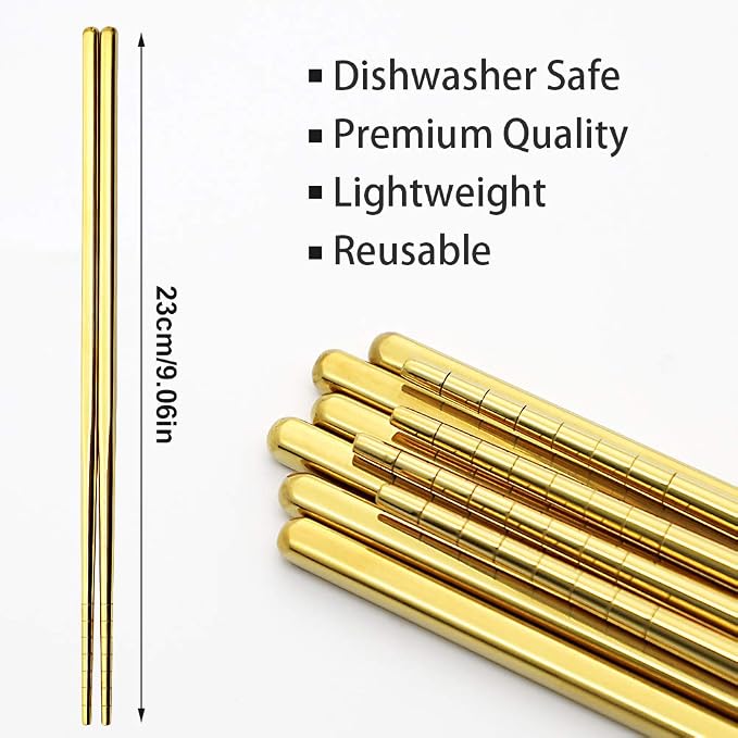 Stainless Steel Chopsticks Reusable Multicolor Lightweight 304 Metal Chopsticks Dishwasher Safe - 5 Pairs (Gold)