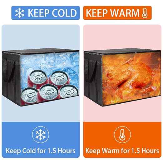 1-Pack Insulated Food Delivery Bag with Hard Bottom, 3X-Large, Black | Commercial Food Warmers for Delivery Drivers, Reusable Grocery Shopping Cooler/Hot Bags, Tote for Picnic/Travel, Heavy Duty