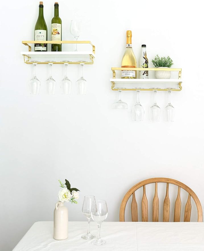 Mkono Wall Mounted Wine Rack Glass Holder, 2 Pack Rustic Shelves, 17 Inch | Space Saving, Stem Hanger, Floating Design, Store Wine Bottles, Easy Assembly, Multi-Function, Kitchen Dining Bar, Great Gift
