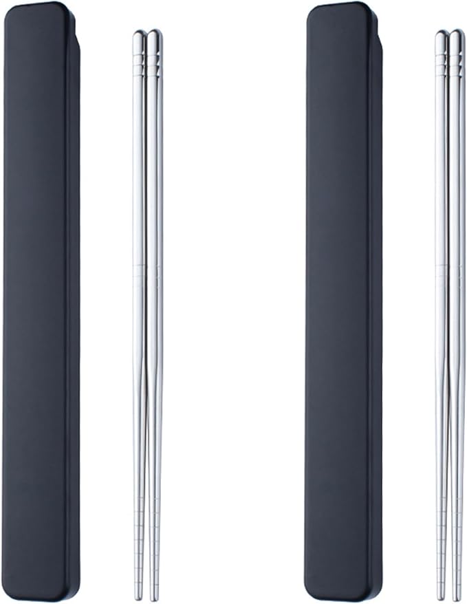 2 Pair Portable Chopsticks with Pull Design Case, Reusable Metal Stainless Steel Chopstick Travel Utensil for School Home Office Outdoor Camp Bento Box Use, Dishwasher Safe (Black)
