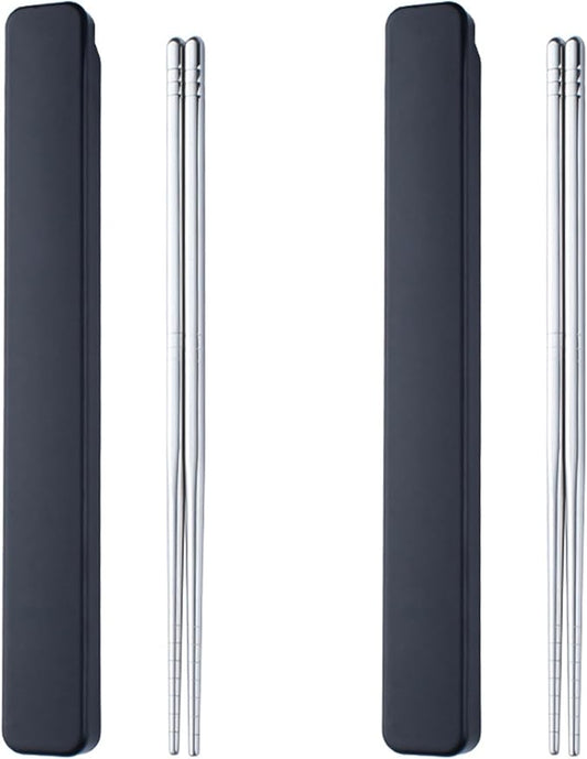 2 Pair Portable Chopsticks with Pull Design Case, Reusable Metal Stainless Steel Chopstick Travel Utensil for School Home Office Outdoor Camp Bento Box Use, Dishwasher Safe (Black)