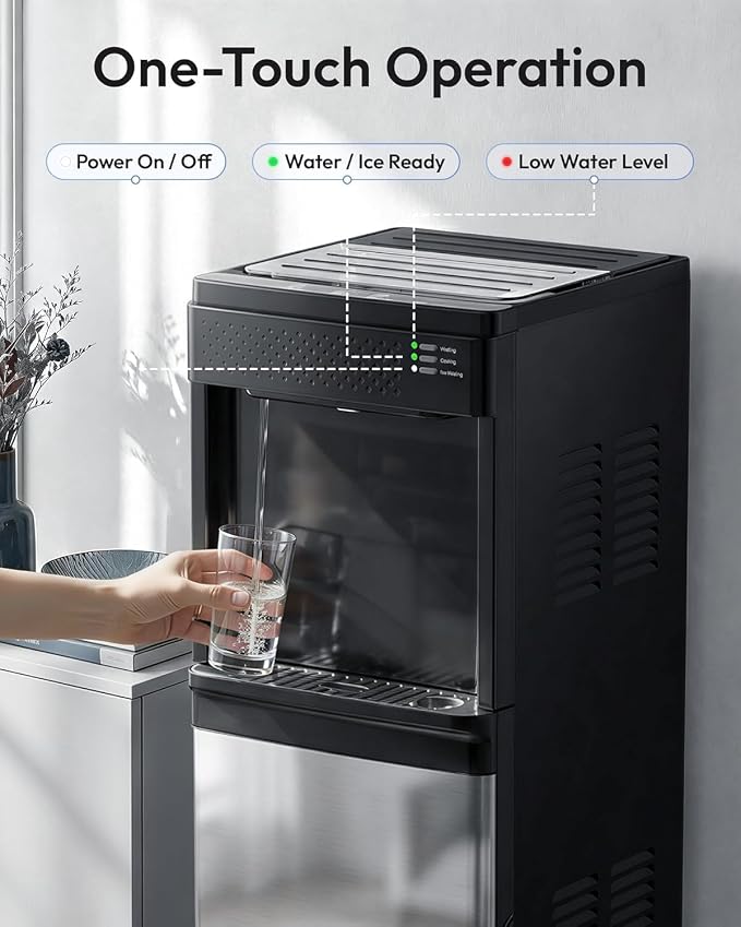 Euhomy 4-in-1 Water Dispenser with Ice Maker, Bottom-Loading Water Cooler Hot and Cold, Fits 3 & 5 Gallons, 33 lbs per Day Ice Production, Childproof Lock, for Home Office Kitchen, Black