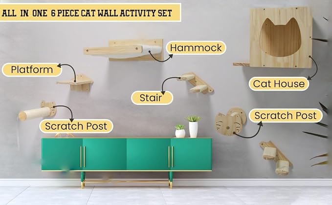 Wall Climber Set – Mounted Shelves and Climbing Bridge for Active Indoor Pets – 6-Piece Furniture Set