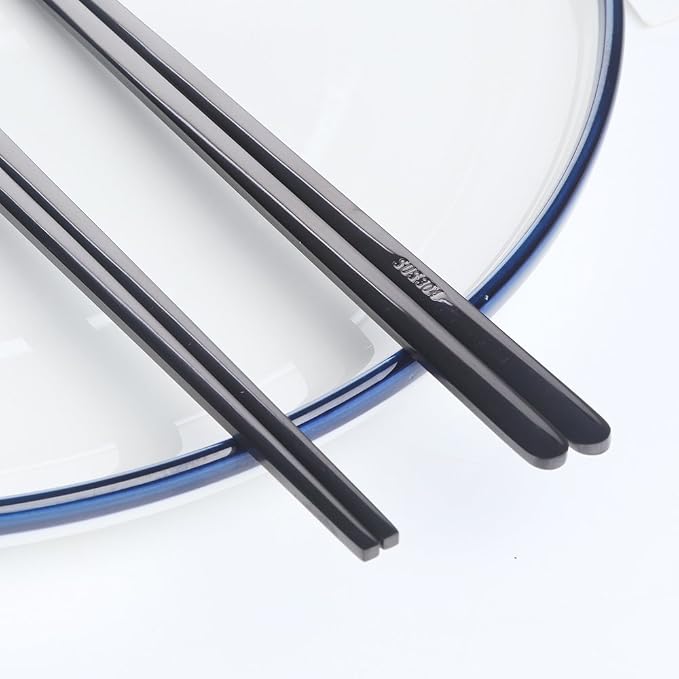 Buyer Star 5 Pairs Black Flat Reusable Metal Chopsticks - Stainless Steel Chinese Set With Case