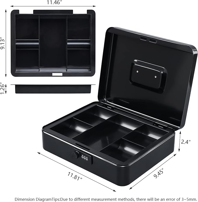 KYODOLED Metal Cash Box with Combination Lock Money Box for Cash Safe Metal Box with Money Tray for Security Lock Box 11.81"x 9.45"x 3.54" Black X Large