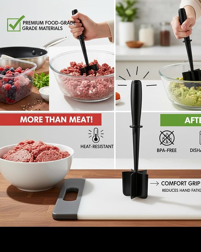 Hamburger Chopper,Meat Chopper,Potato Masher, Premium Heat Resistant Meat Masher for Ground Beef, Ground Turkey and More, Safe For Non-Stick Cookware
