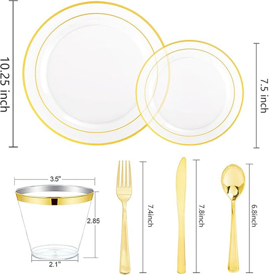 bUCLA 600PCS Clear Plates with Gold Trim - Clear Gold Dinnerware Set Disposable Include 100 Dinner/100 Dessert Plates, 100 Knives, 100 Forks, 100 Spoons, 100 Cups for Wedding, Party & Thanksgiving