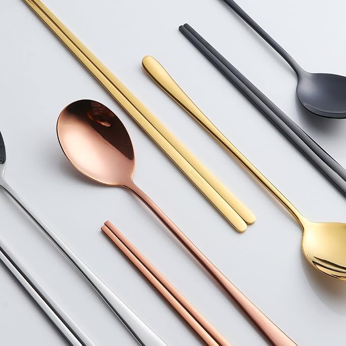 Buyer Star 4 Set Chopsticks Spoon Set, 4 Color Reusable Metal Stainless Steel Korean Chopstix Spoon Set Christmas Gift