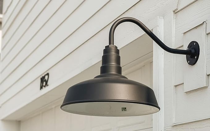 Steel Lighting Co. Gardena Barn Light | Outdoor Wall Mounted | 16" Dome | 11" Gooseneck | Farmhouse Light Made in America | Matte Black Exterior/Matte Black Interior