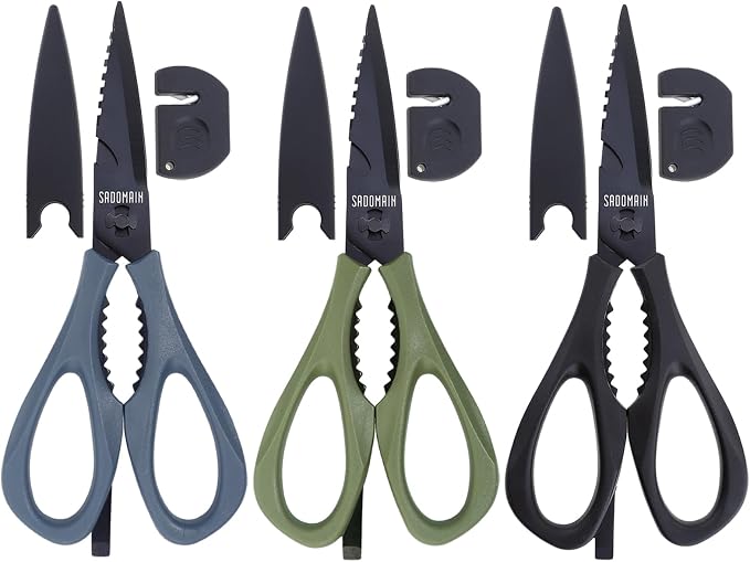 Kitchen Scissors All Purpose, Extra Sharp Kitchen Shears with Knife Sharpener & Sheath, Solid & Durable Stainless Steel Scissors with ANTI-RUST Black Titanium Plated, Dishwasher Safe – 3 Pack