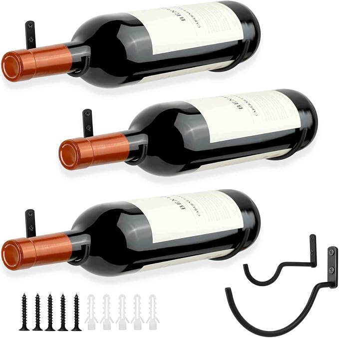 Wall-Mounted Wine Hook: 3 Pcs Hanging Wine Bottle Wall Holder - Metal Hooks | Hanging wine bottle holder, rust-proof coating, vertical design - metal hook for single bottle holder, small organizers