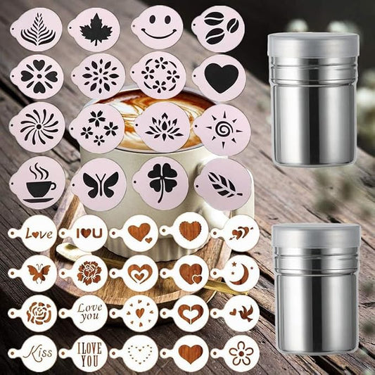 36 Coffee Stencils+2 Mesh Powder Shakers, Cake Baking Templates Coffee Art Template Coffee Decoration Stencils Coffee Mold Tool for Christmas Thanksgiving Cake Coffee Cappuccino