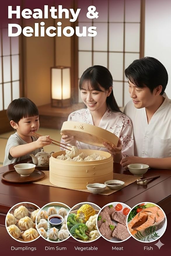Bamboo Steamer Basket - Cook Delicious Meals with Authentic Flavor at Home | 10 Inch, 2 Tiers + 50 Liners, Chopsticks and Sauce Dish - Steam Family Portions of Bao, Dumplings and Vegetables at Once