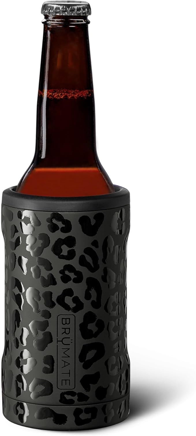 BrüMate Hopsulator Bott'l Insulated Bottle Cooler for Standard 12oz Glass Bottles | Glass Bottle Insulated Stainless Steel Drink Holder for Beer and Soda (Onyx Leopard)
